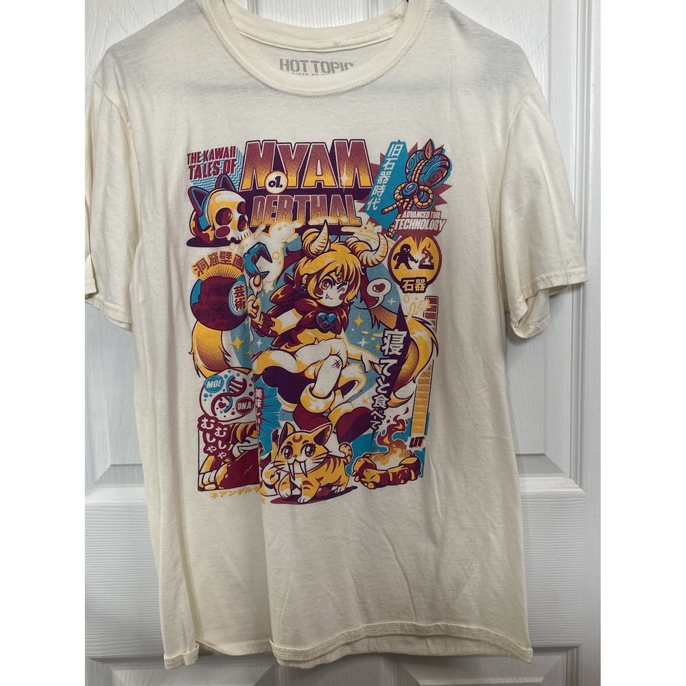 Hot Topic NYANDERTHAL Kawaii Graphic‎ Tee Men's Size M Cream T W/Graphic